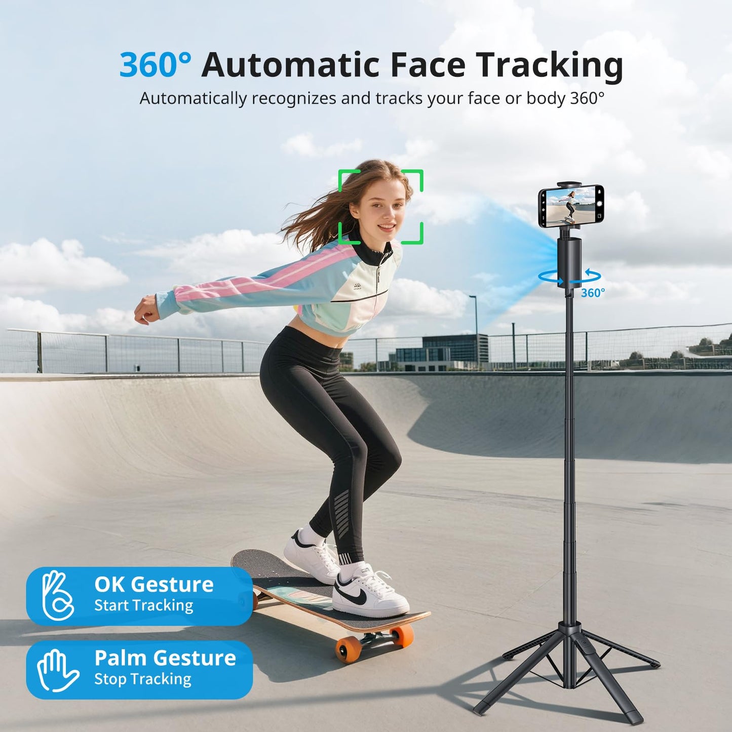 Fuloview Auto Face Tracking Tripod,67''Phone Tripod for iPhone,360° Rotation Follows Your Movement,Bluetooth Remote,Phone Holder for Vlog,Live