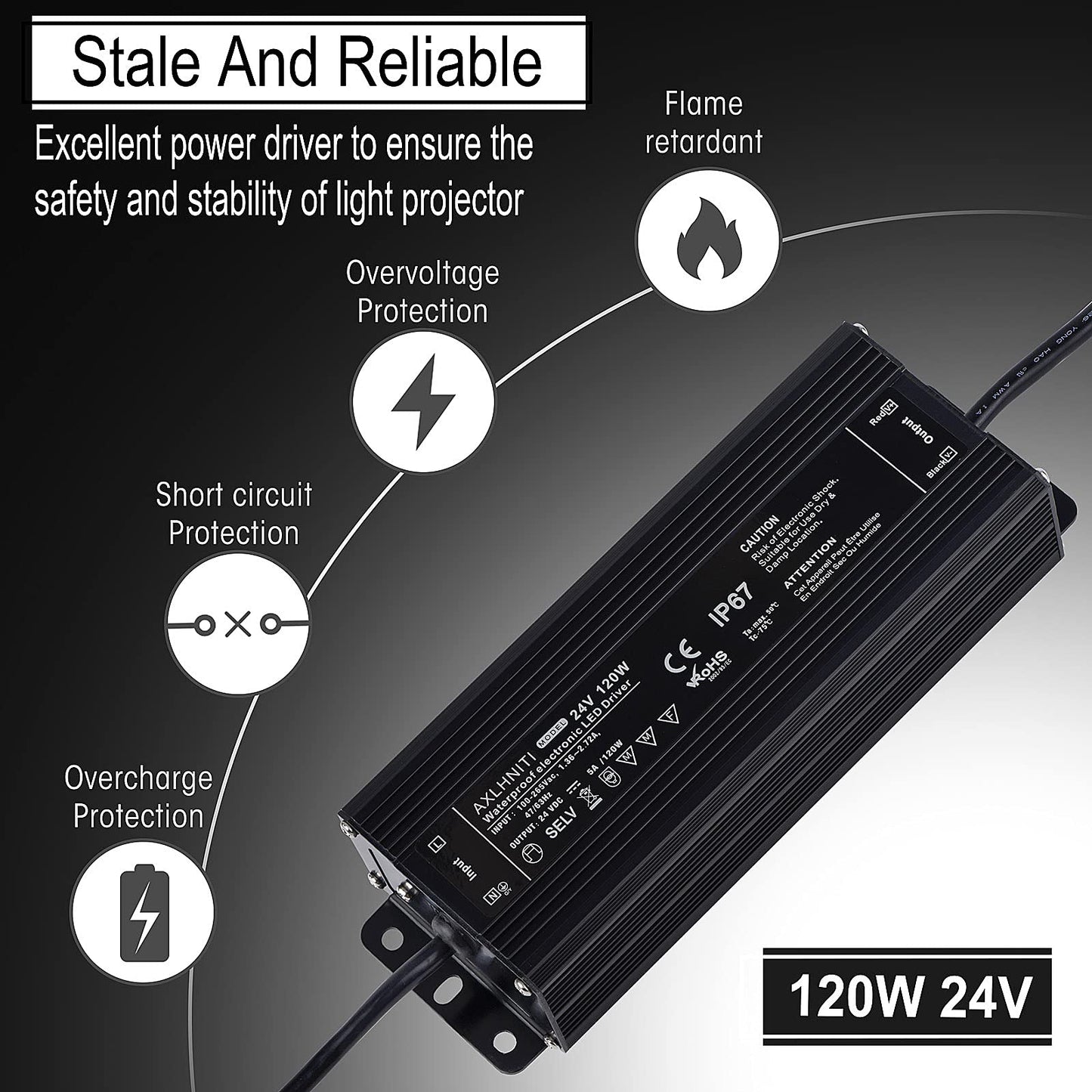 LED Power Supply - 120W IP67 Waterproof, 24V DC for LED Strip Lights, 100V-265V AC Input, 3-Prong Plug with 3.3 Feet Cable
