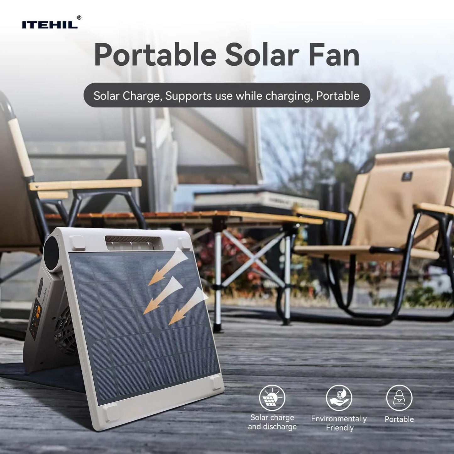 ITEHIL Portable Solar Fan Rechargeable for Camping,10000mAh Rechargeable Battery,Solar charging,4 Speed,4 Timers USB Fan,Personal desk Fan