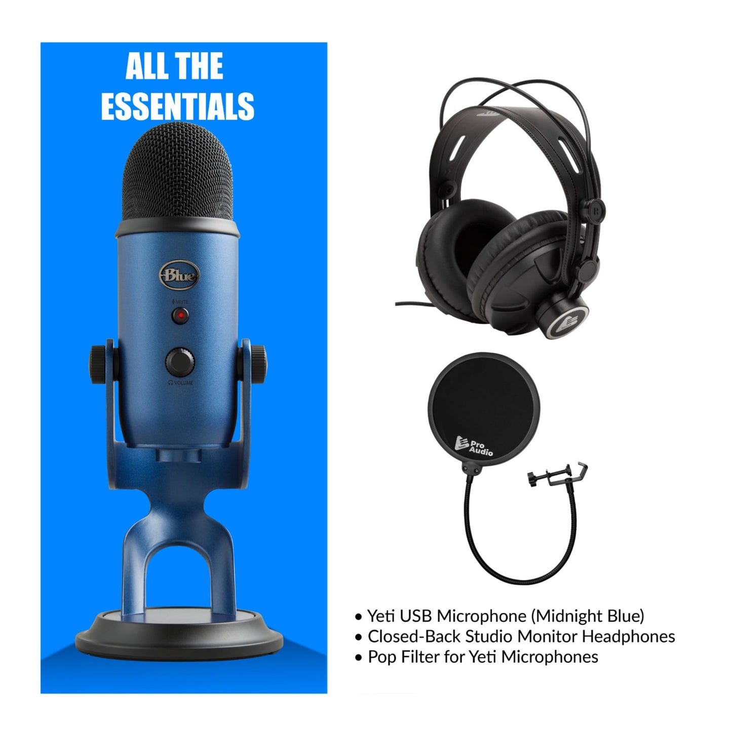 Knox Gear Blue Microphones Yeti USB Microphone (Midnight Blue) Bundle with Closed-Back Studio Monitor Headphones and Pop Filter for Broadcasting and