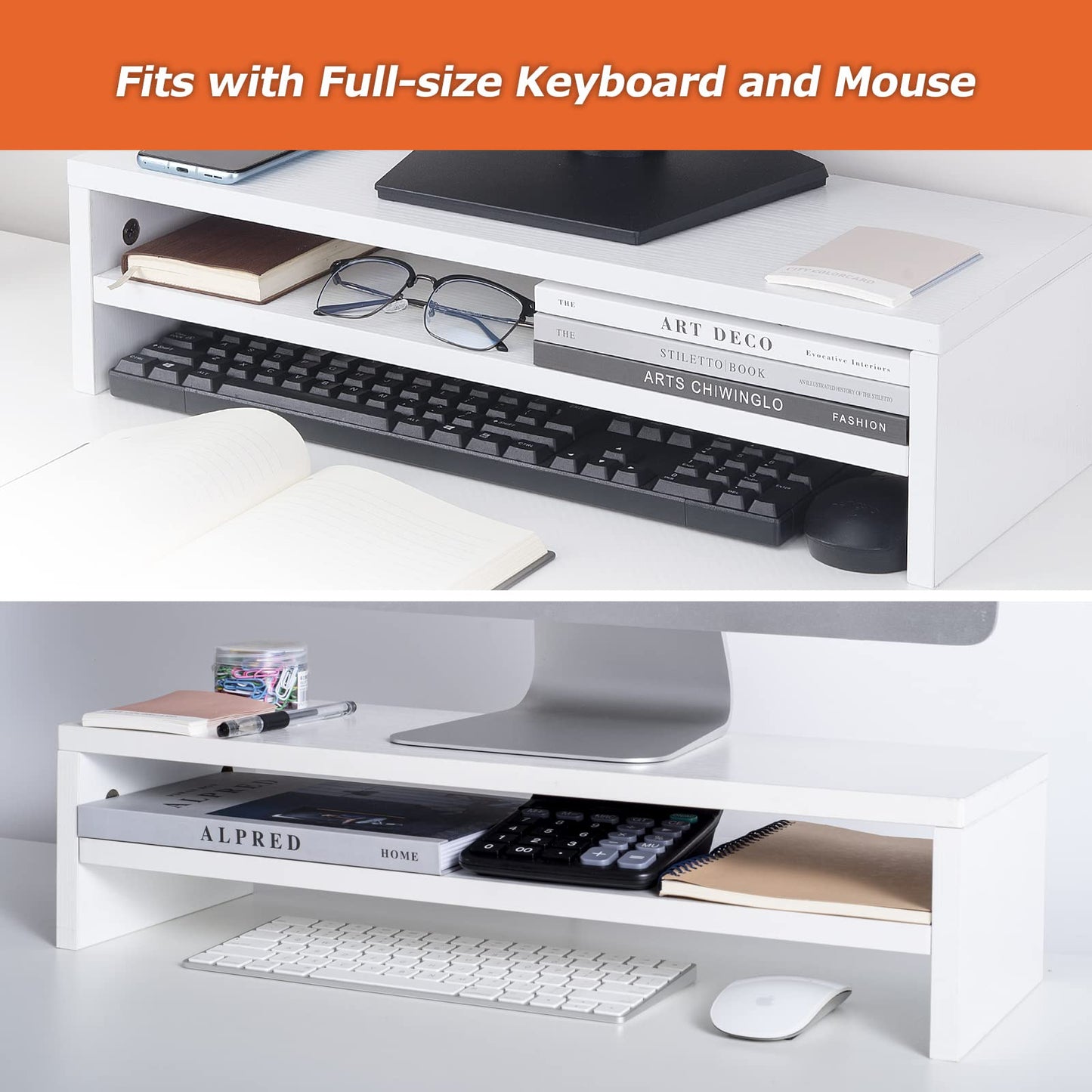 BEYGORM Monitor Stand Riser White, 21.6 inch 2 Tiers Wood Desk Shelf Computer Screen Stand with Storage for Desktop Laptop/Screen/TV/PC/Printer, Desk