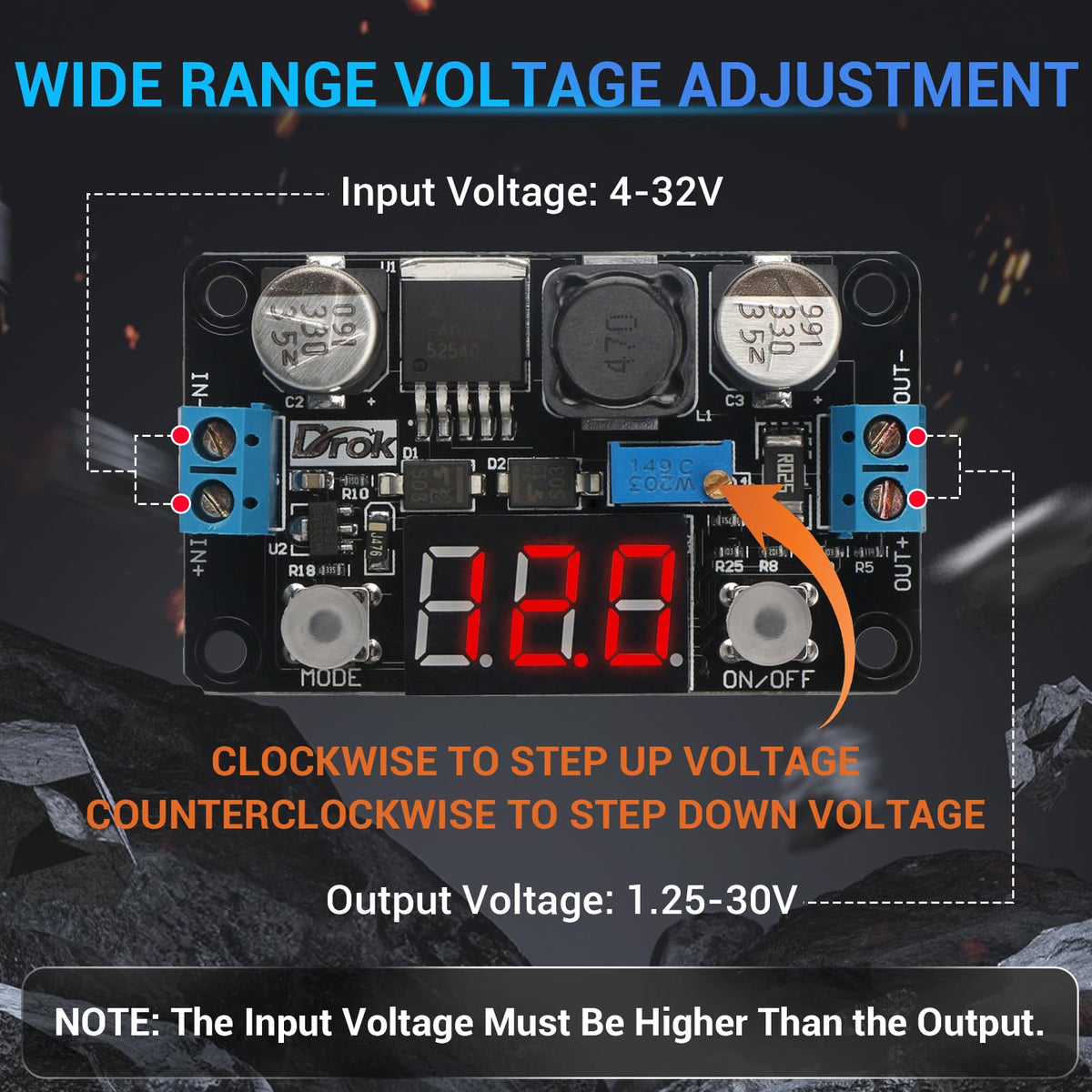 DROK Buck Converter 24v to 5v, DC 4-32V to 1.25-30V 3A Adjustable Step Down Module, LM2596 Voltage Regulator Board, 12V to 5 V LED Power Supply…