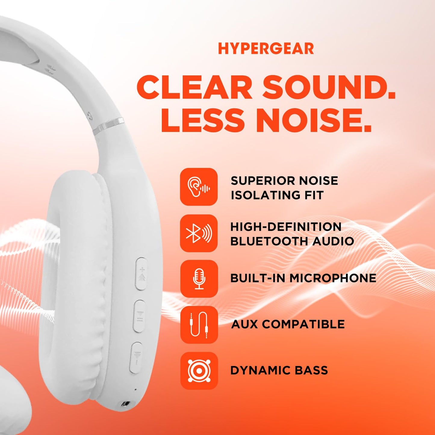 HyperGear Over-Ear Headphones - Wireless Bluetooth Headphones with Noise Isolation, Built-in Mic, Soft Memory Foam Cups for All-Day Comfort, White