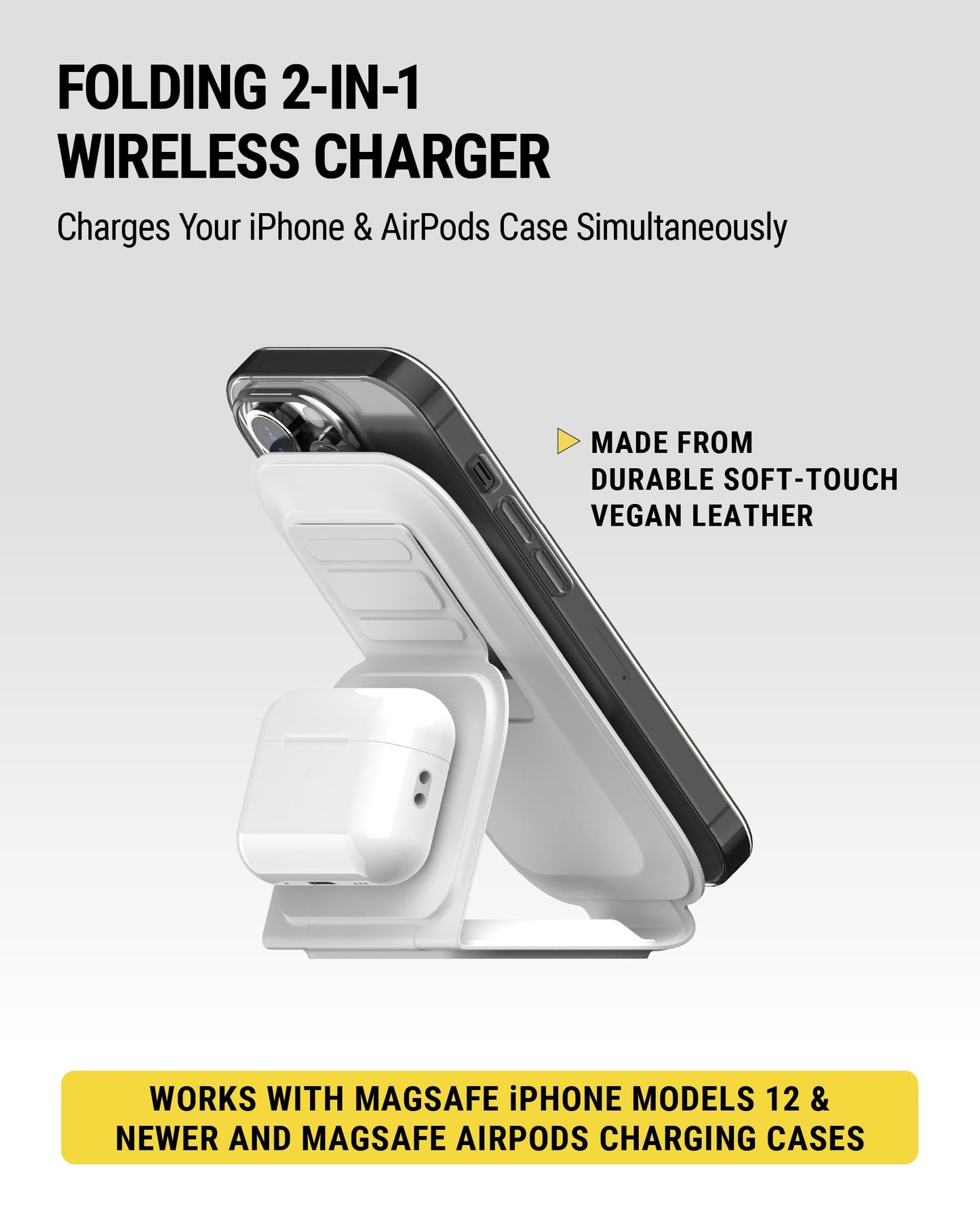 Scosche MSQFG2N1WT MagicMount Travel 2-in-1 Magnetic Dual Wireless Charging Station, Fast Charger Stand w/Foldable Flat Pad, Compatible with MagSafe