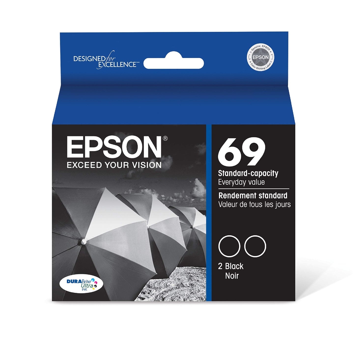 EPSON 69 DURABrite Ultra Ink Black 2-Pack For CX-6000, CX-7000F, CX-7400, CX-8400, CX-9400, CX-9475, NX-400, NX-415, NX-510, NX-515, WF-1100, WF-500