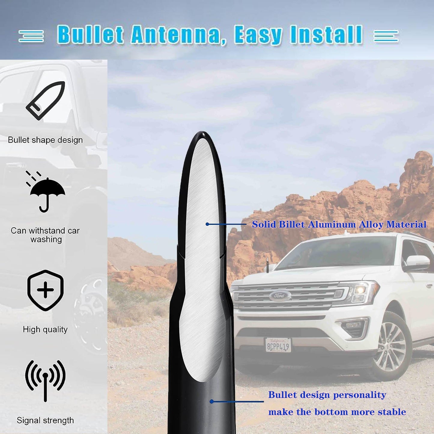 Z-oneMart 5.4" Car Truck Bullet Antenna for GM Chevy Silverado 1500 2500 3500 HD Avalanche Ford F150 F250 F350 Heavy Duty Pickup Trucks Accessories