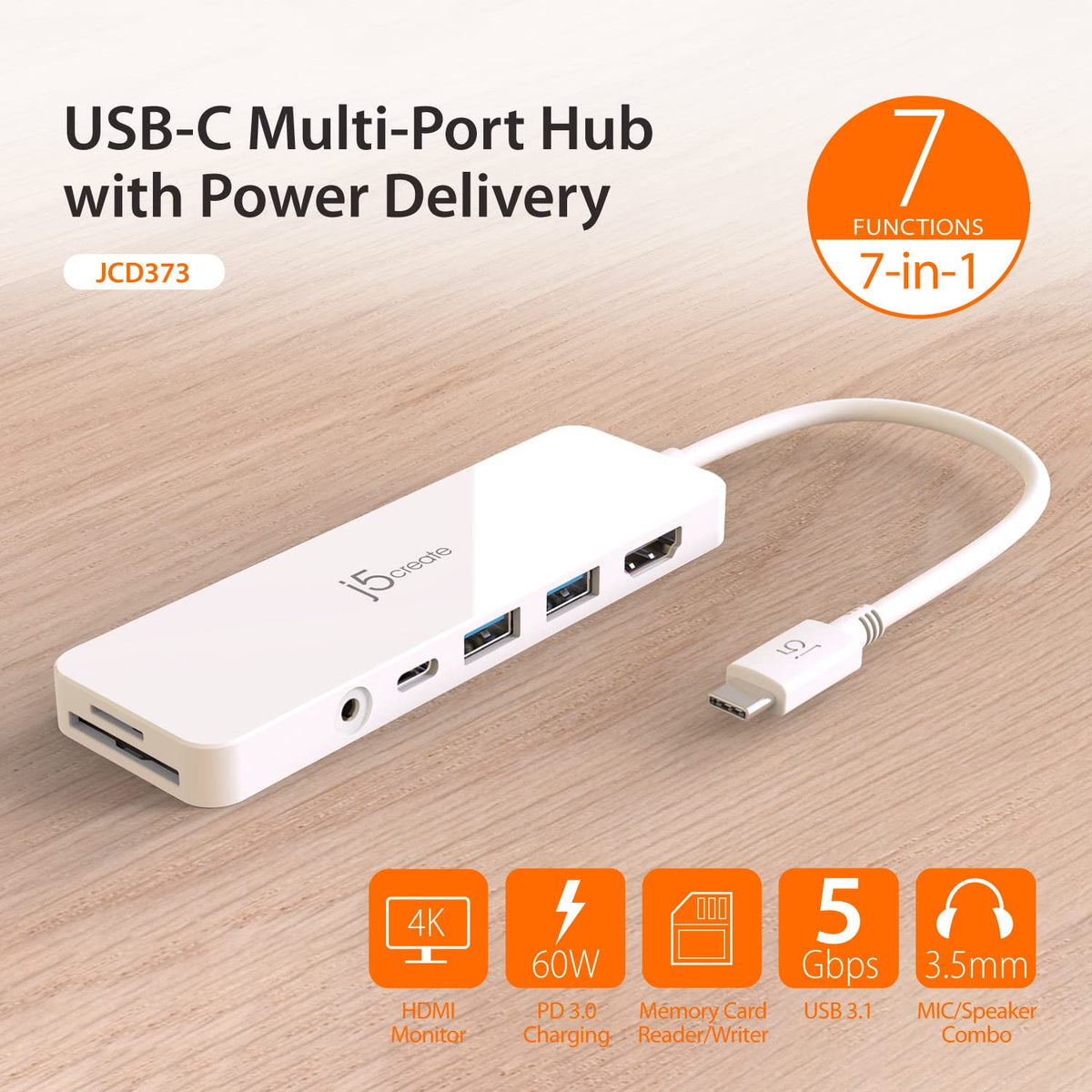 j5create USB-C Mini Hub - 4K HDMI, 2 x USB 3.1 5Gbps, microSD & SD Card