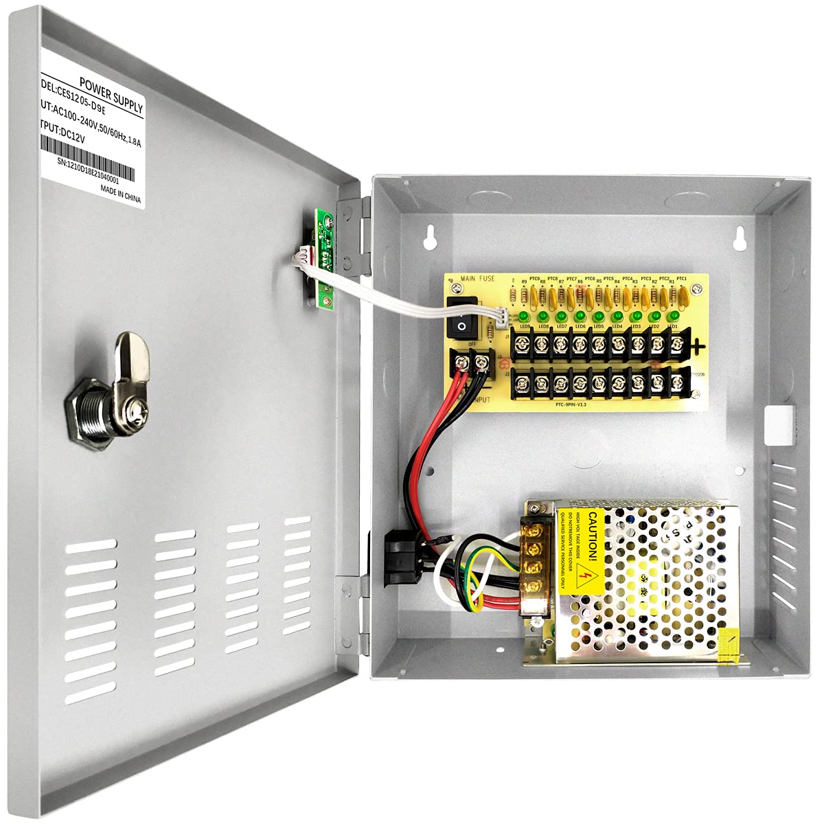 9 Channel 12 Volt DC Output 5A CCTV Distributed Power Supply Box for Security Camera with AC Plug and Lock for Security Cameras, DVRs, CCTV Power…