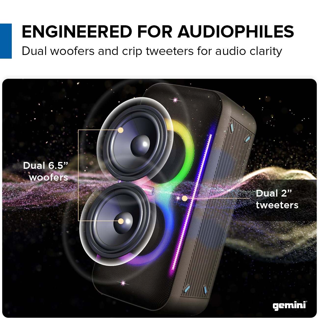 Gemini UltraRave Duo Bluetooth Party Speaker with Dual 6.5" Woofers, LED Lights, Wireless Mic, and Stereo Pairing for Indoor & Outdoor Events