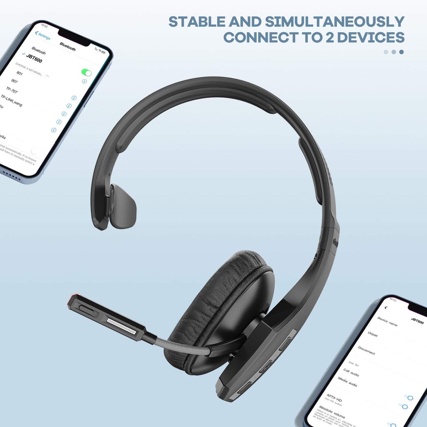 Conambo JBT600 Trucker Bluetooth Headset with Tri-Mic Noise Cancelling, CVC 8.0, Mute Button & 60Hrs Battery Life - Wireless Headset for Truck