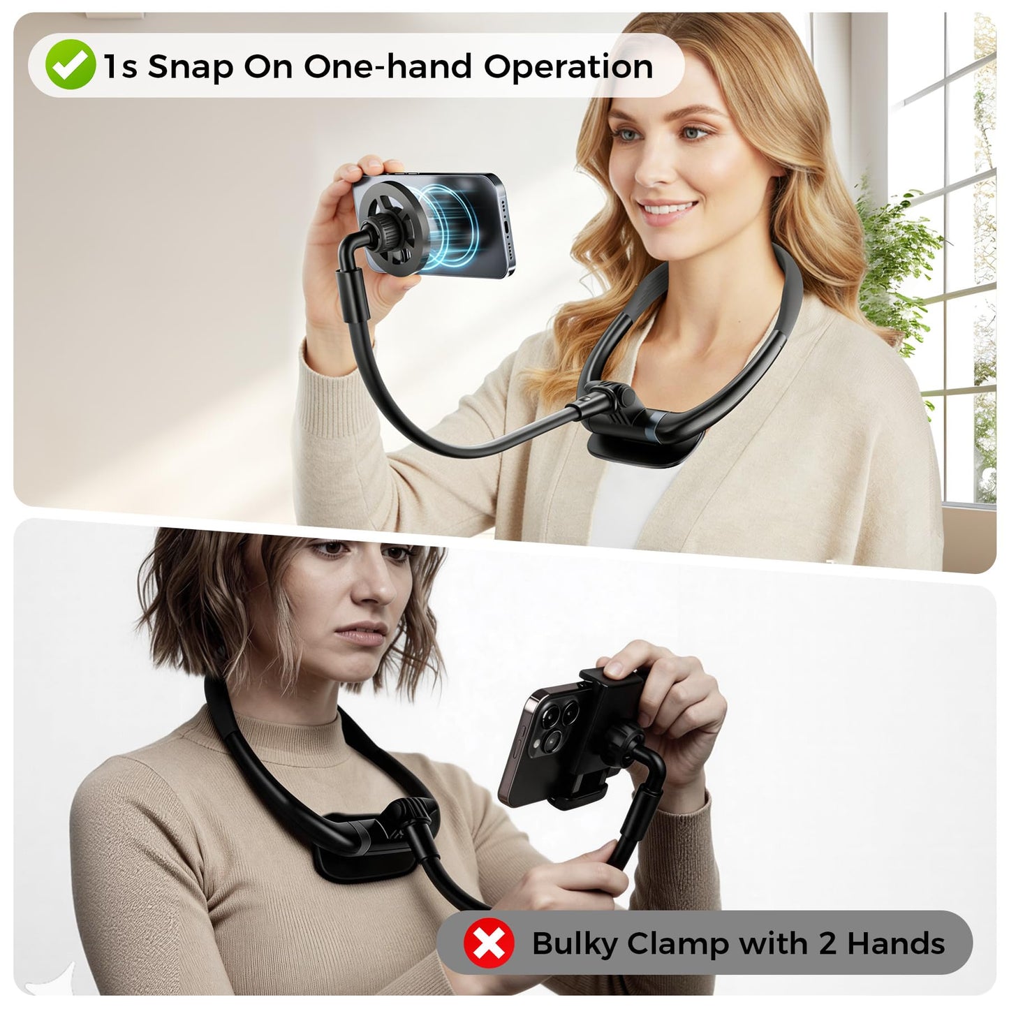 LenTok Magnetic Neck Phone Holder for Reading in Bed, One-Hand Operation Comfortable Lazy Cell Phone Mount for iPhone, Around Neck for Video Recording