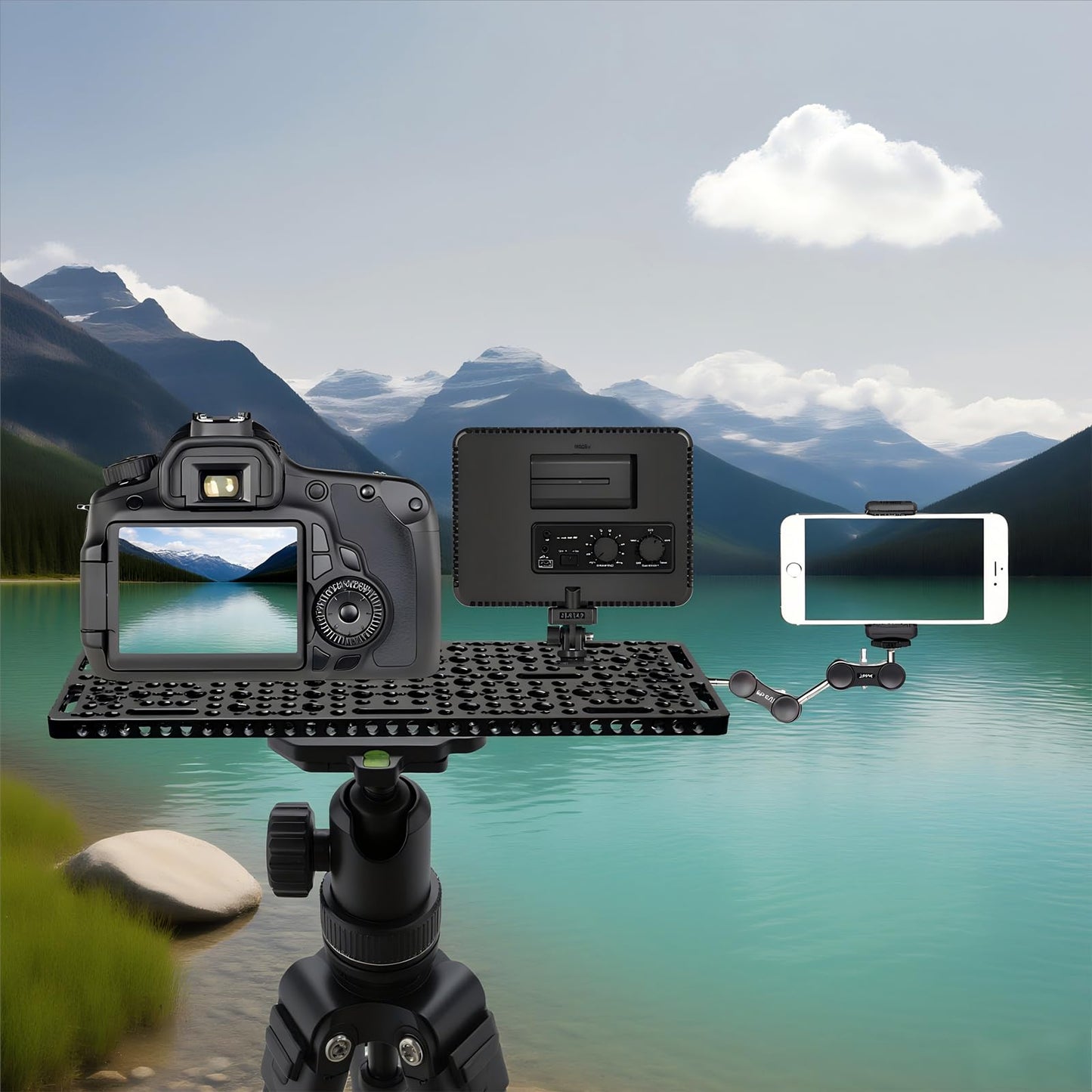 DINESK Multi-Functional Camera Cheese Plate with 1/4"& 3/8 Threads,11.81" Long Cheese Plate Aluminum Alloy Breadboard for Cameras,Monitors and Tripod