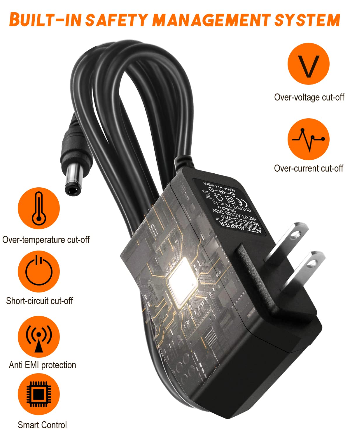 9V 1A Power Supply, 100-240V AC to DC 9V 1000mA 0.85A 0.5A 250mA Adapter with Plug 5.5x2.5mm Center Positive, Black