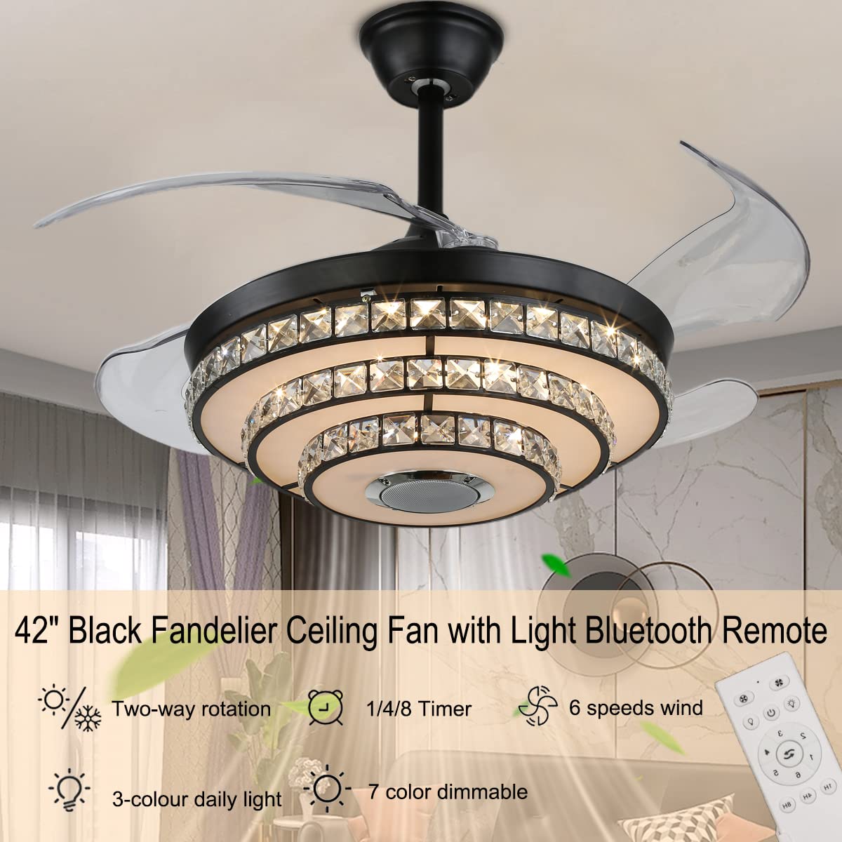 mfanchan 42 Inch Fandelier Ceiling Fan with Light, Black Chandelier Fans