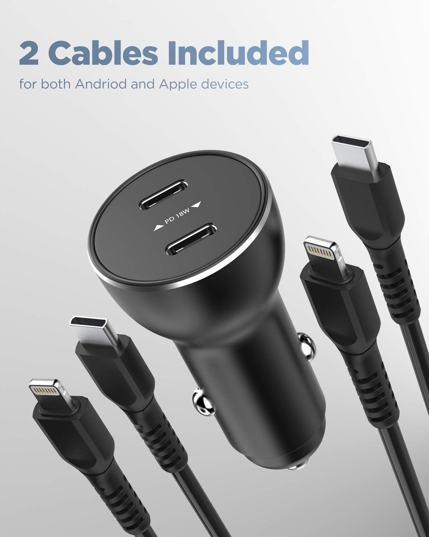 Galvanox Dual iPhone Car Charger, 2X Fast Charging Ports with 2X USB-C to Lightning Cables for iPhone 11/12/13/ iPhone 14 Pro Max (Black)