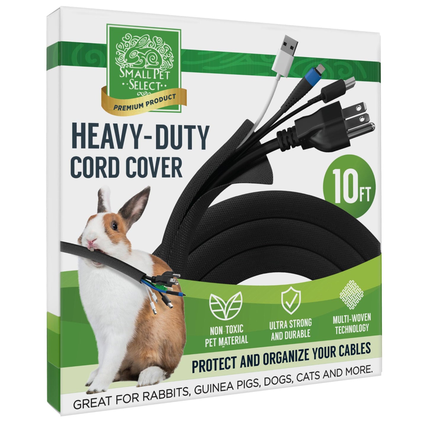 Small Pet Select Heavy Duty Cord Cover - Black, 10ft - Ultra Durable Electrical Cable and Wire Protector for Rabbits, Dogs, Cats and Other Pets - Cord