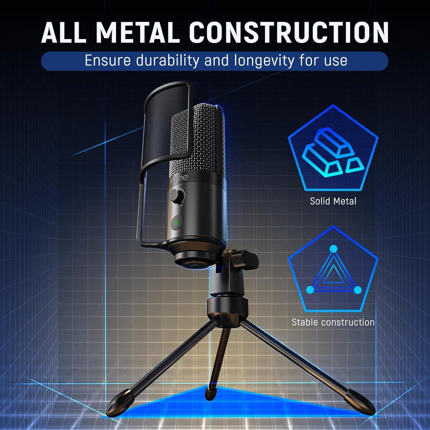 FIFINE Podcast Recording Microphone, PC USB Condenser Microphone for Streaming Vocal Music, Computer Desktop Mic with Mute Button for Windows/Mac