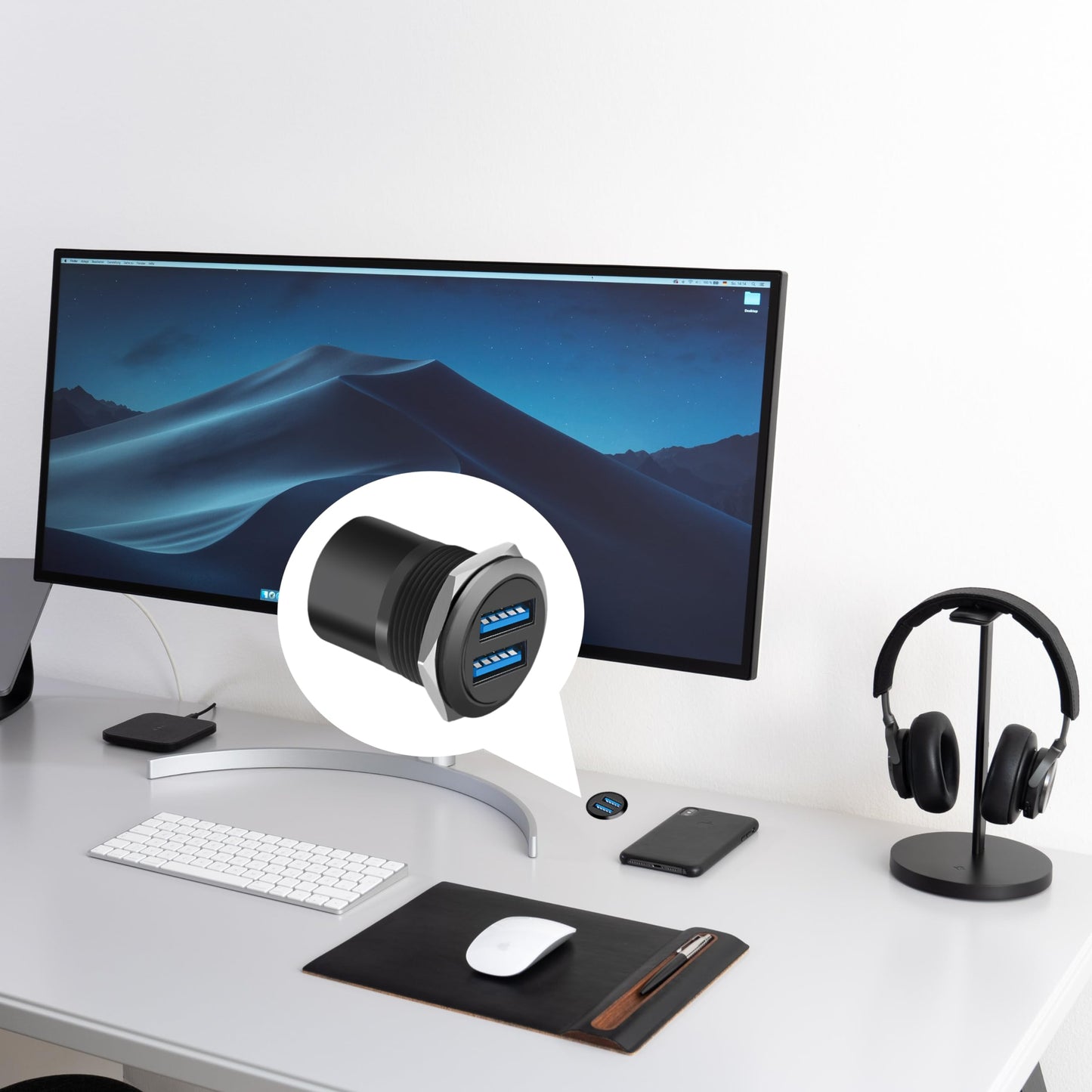 YiKaiEn Dual USB 3.0 Panel Mount Adapter - Threaded Round Connector with Waterproof Dust Cover, 2 Female to 2 Female Ports, 5Gbps for High-Speed Data…