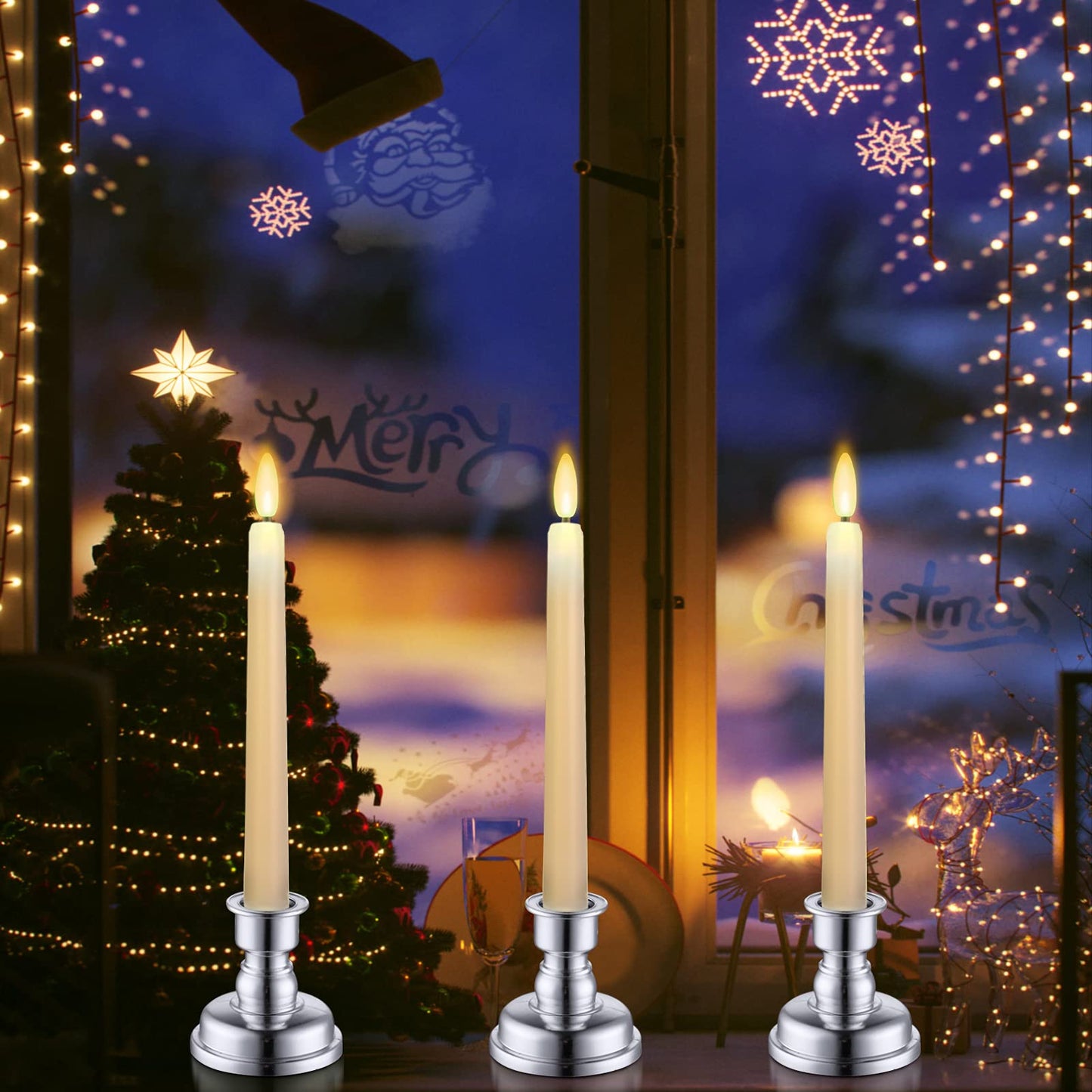 MIXALY 9PACK 8" LED 3D Wick Taper Candles with Remote Timer - Ivory Battery Operated Flameless Window Candles with Flickering Flame and Removable