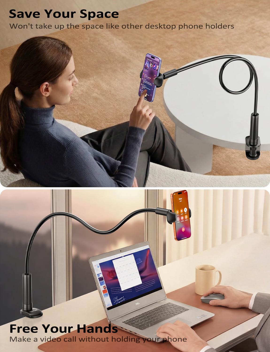 Tryone Gooseneck Phone Holder Hands-Free for Phone Viewing Or Recording, Adjustable Stable Metal Cell Stand Mount for Desk Table Bed, Soporte para