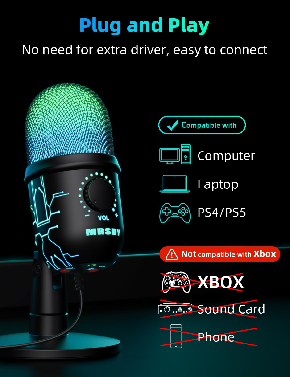 MRSDY Gaming Microphone, USB Computer Microphone for PC, Mac, PS4/5, Condenser Podcast Mic for Studio Recording, YouTube, Streaming, with Headphone