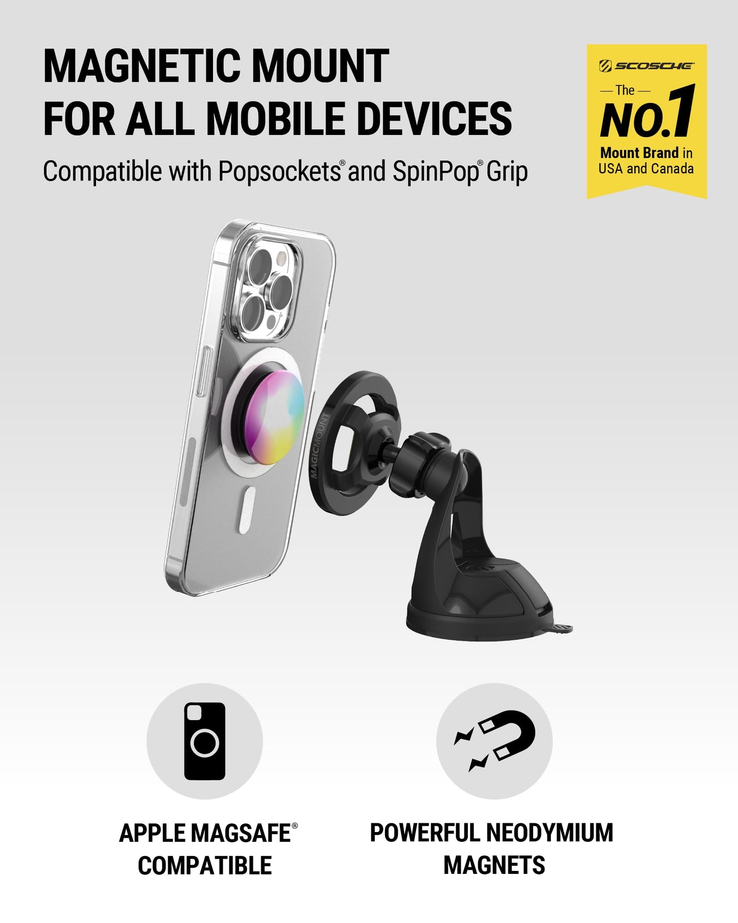 Scosche SMS2WD MagicMount MagSafe Suction Cup Phone Mount for Car Windshield/Dashboard Cell Phone Holder Compatible with Popsocket, Magnetic Stand