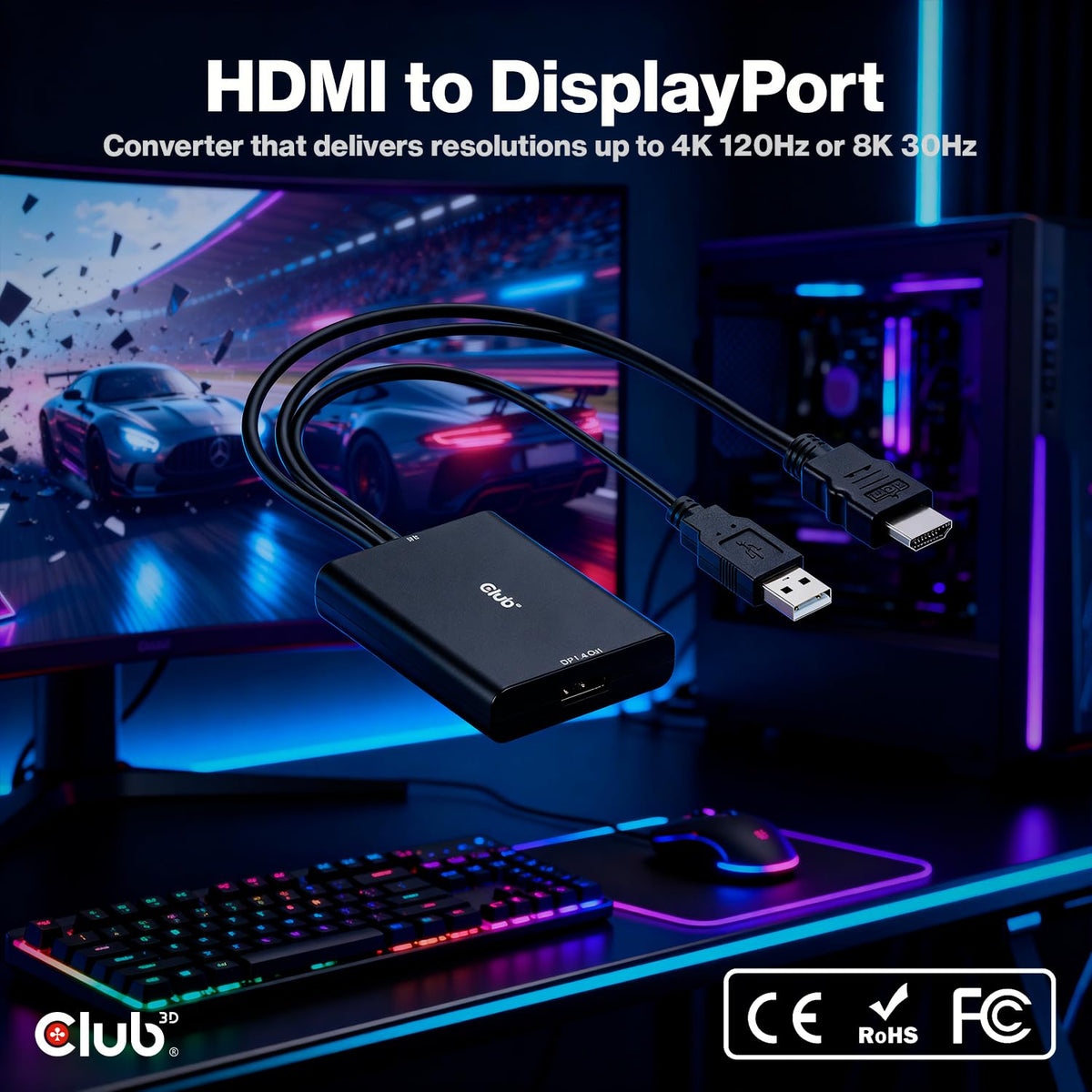 Club 3D HDMI 2.1 to DisplayPort 1.4 Active Adapter Cable - 4K 120Hz 8K 30Hz Converter for PC Laptop Gaming Console to Monitor - USB Powered Male