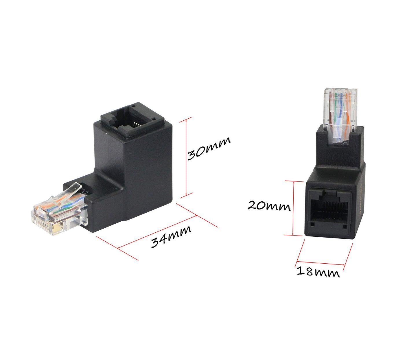 CERRXIAN 90 Degree Ethernet LAN RJ45 Male to Female, Right Angle Network Cat5 / Cat5e / Cat6 Extender Adapter(2-Pack) Black,(Up Angle)