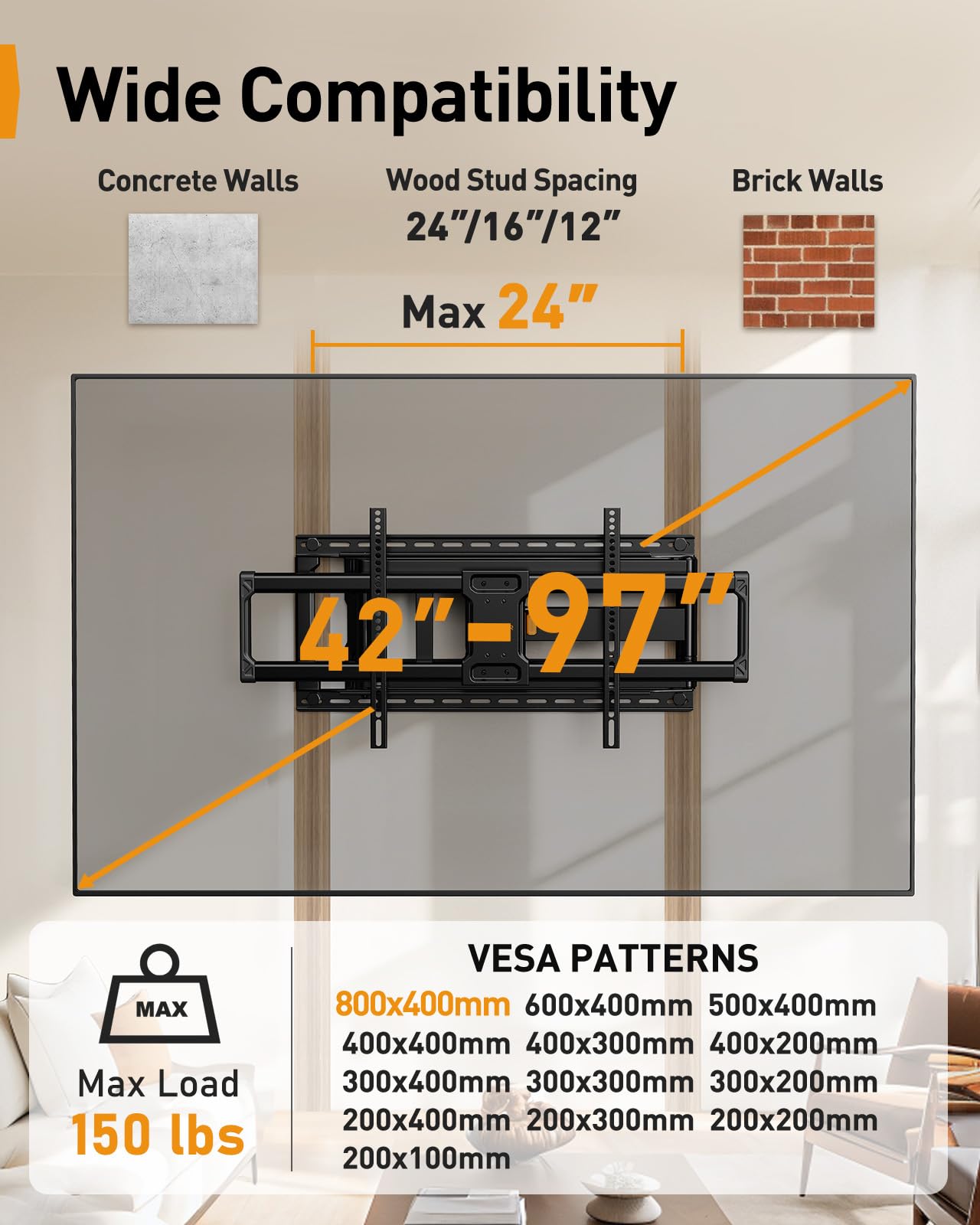 Perlegear Long Arm Full Motion TV Wall Mount for 42-97 Inch TVs up to 150 lbs, Pre-Assembled TV Mount with Full Swivel, Tilt and Extension, Fits