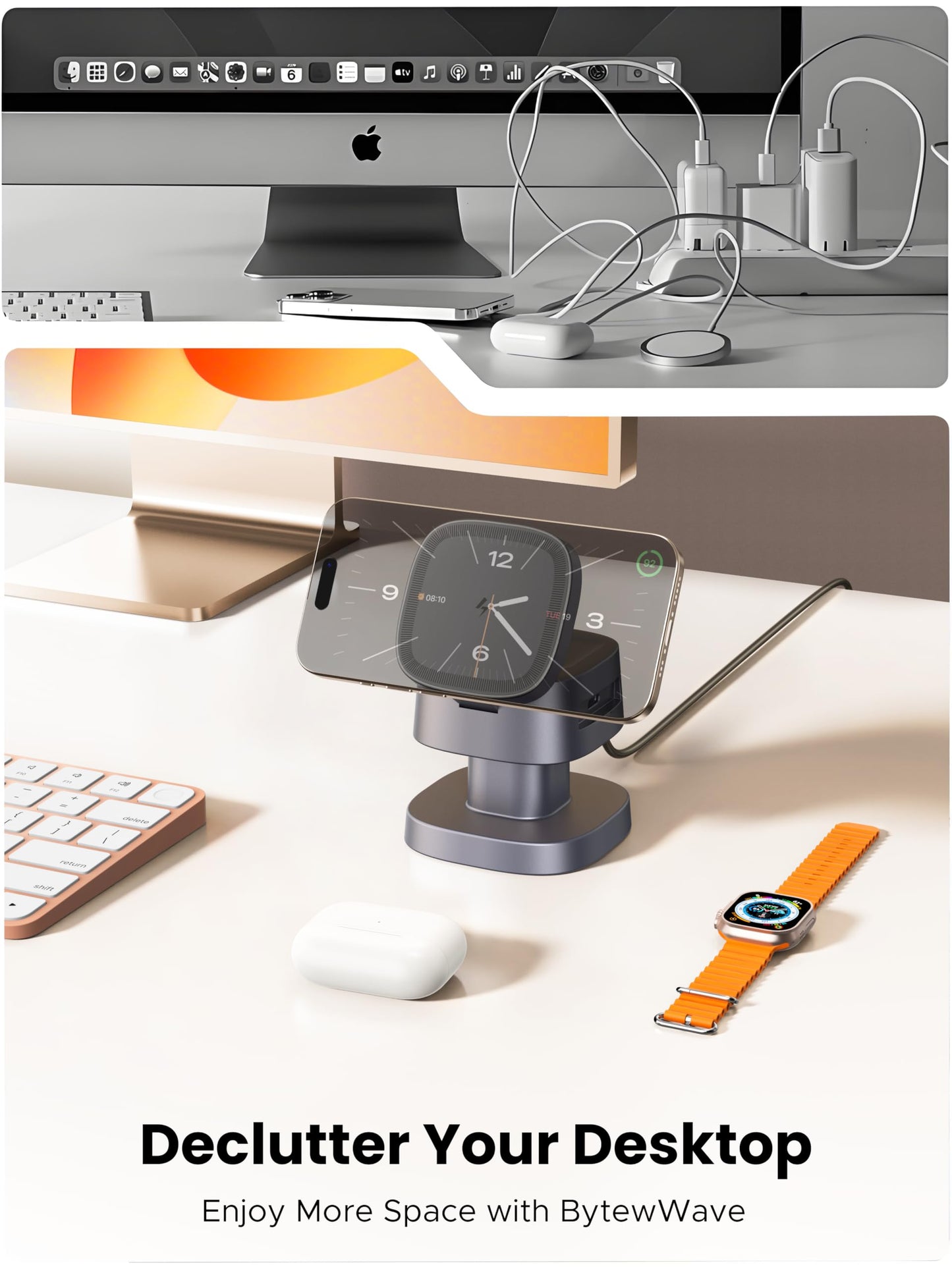ByteWave 3-in-1 Charging Station for Apple, iPhone MagSafe Charger with 3-Color Light, 15W Max Foldable Wireless Fast Charging for iPhone