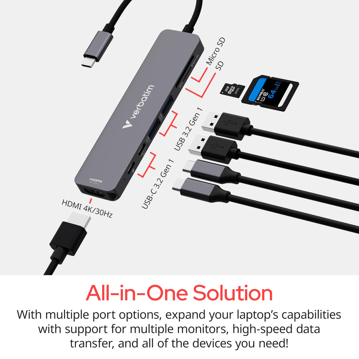 Verbatim Essentials 7-Port USB-C Hub, 4K HDMI, 100W PD, SD/microSD
