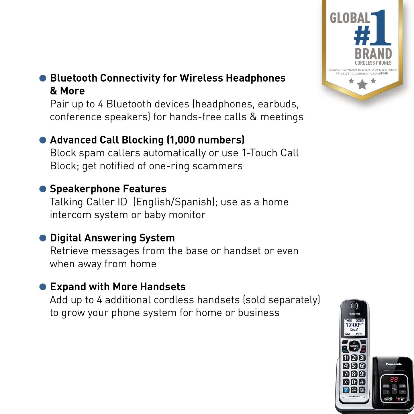 Panasonic Expandable Cordless Phone System, Bluetooth Pairing for Wireless Headphones and Hearing Aids, Smart Call Block, Bilingual Talking Caller ID