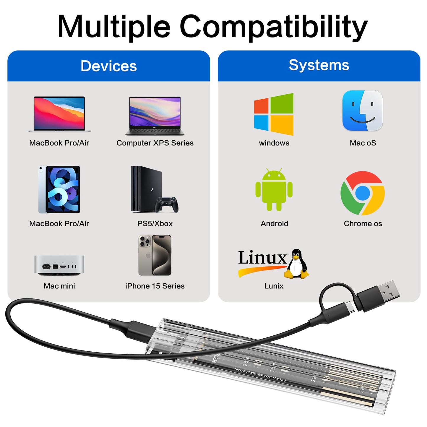M.2 NVMe SSD Enclosure, High-Speed to USB Enclosure with USB 3.2 Gen 2 10Gbps, Compatibility for NVMe SSD M-Key/(B+M) Key, for 2230/2242/2260/2280