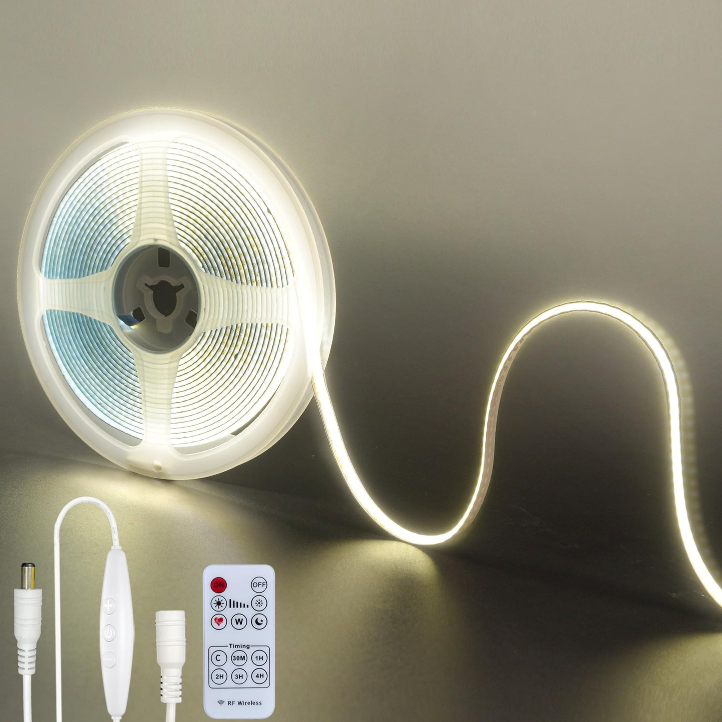 Clearhill 12V DC COB LED Strip Lights with Remote Dimmable Switch (No Power Supply),16.4FT/5M,Natural White 4000K,320LEDs/M,8mm Width,Not Waterproof