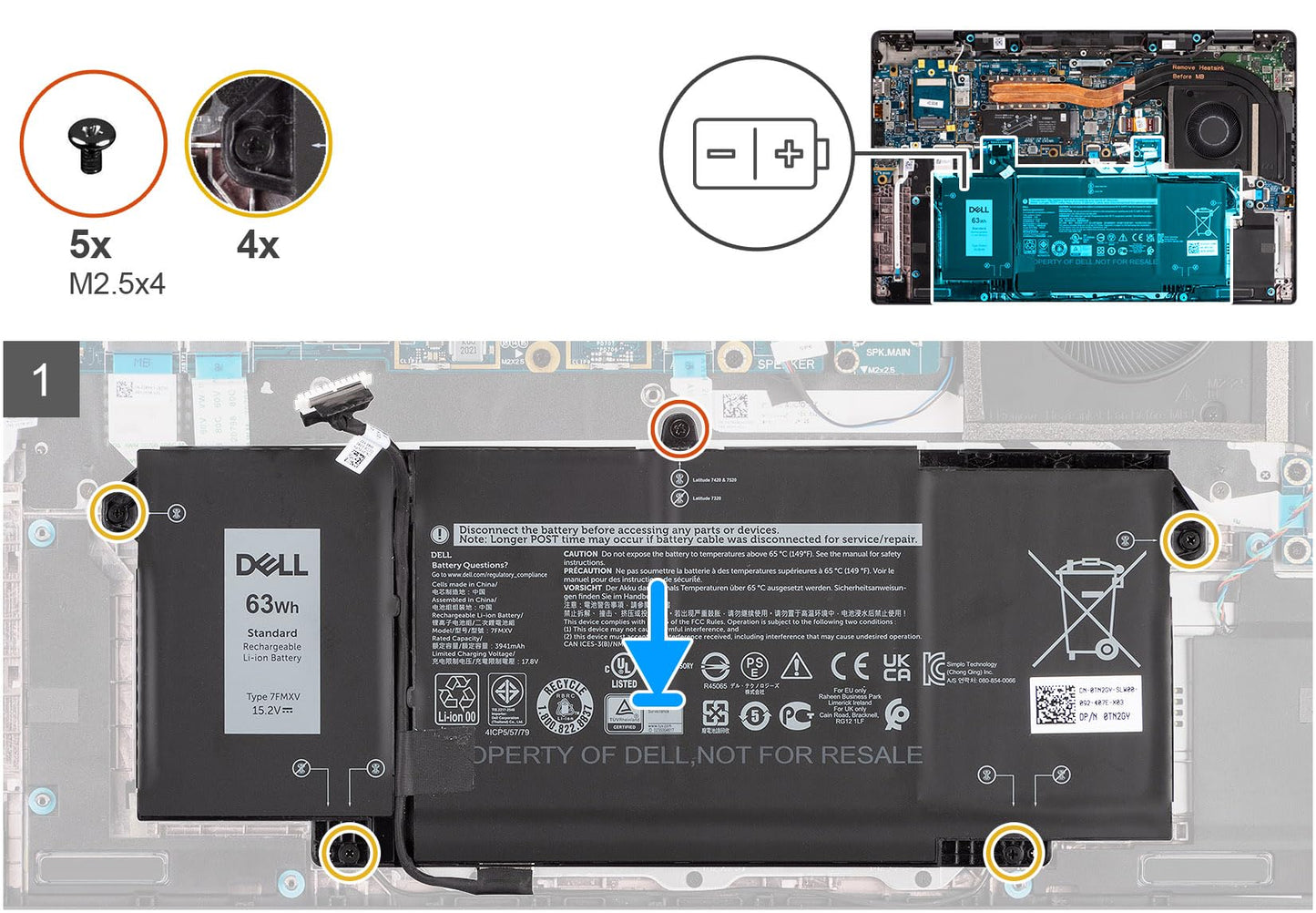 DELL 7FMXV 15.2V 63Wh 4-Cell Rechargeable Battery For DELL Latitude 5320 2-in-1 ,Latitude 7320 2-in-1 ,Latitude 7420 2-in-1, Latitude 7520 Laptops