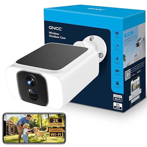 GNCC Solar Security Camera Outdoor, 2.4 & 5GHz WiFi Outdoor Security Camera 4MP Solar Powered WiFi Camera with Color Night Vision, Spotlight, PIR