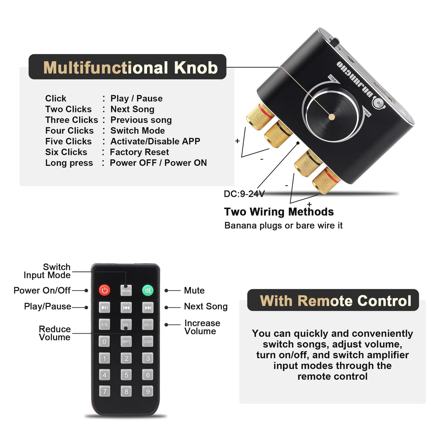 X50H Bluetooth Amplifier 50W+50W Power Output with Remote Control, 2.0 Stereo Bluetooth Amplifier, Using TPA3116D2 HiFi Chip, (Includes a 19V4.74A DC