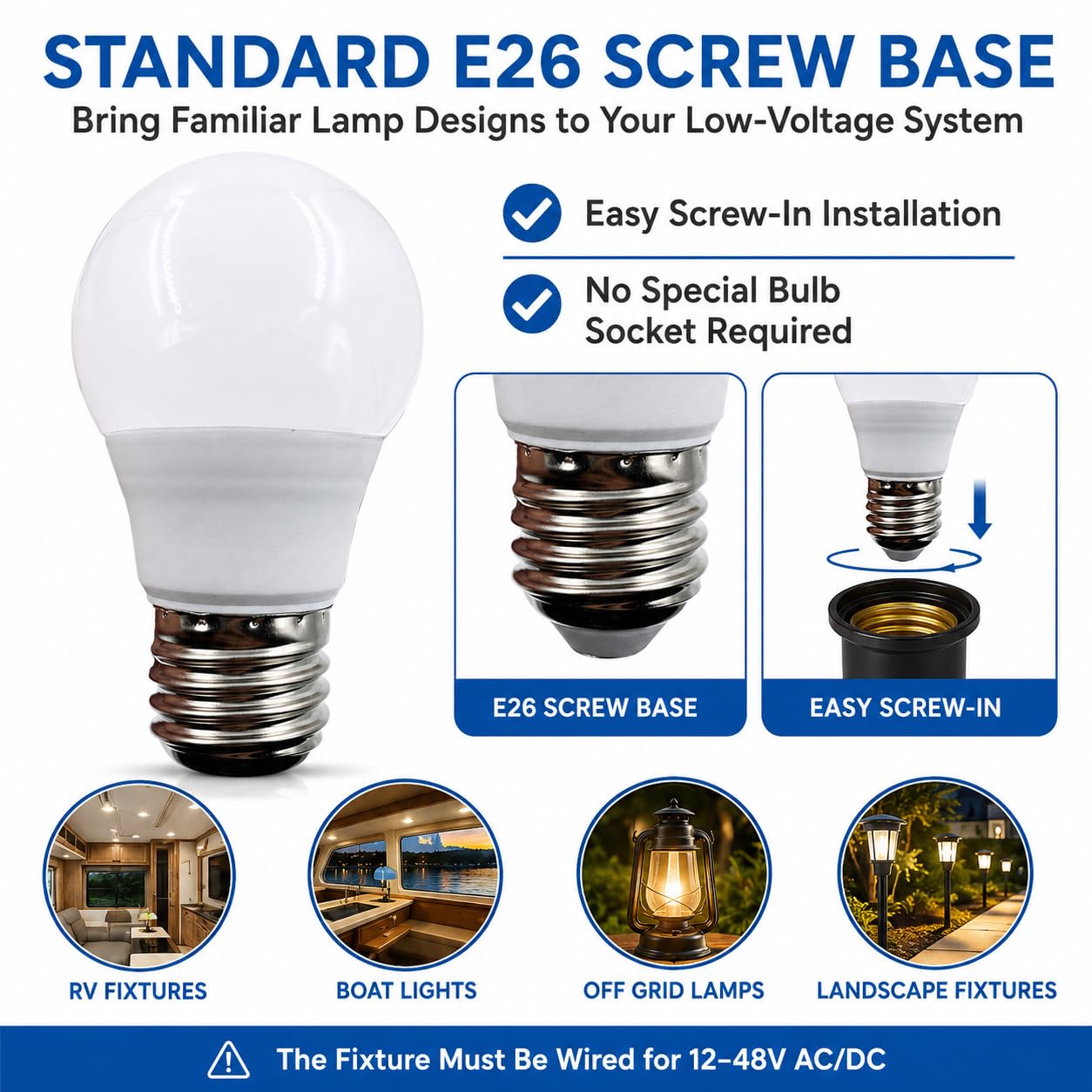 Taysing 12V Light Bulb A15 3W Soft White 3000K E26 Screw Base 12v led Bulb DC 12 Volt 24v 36v 48v Low Voltage Lights for Solar Battery