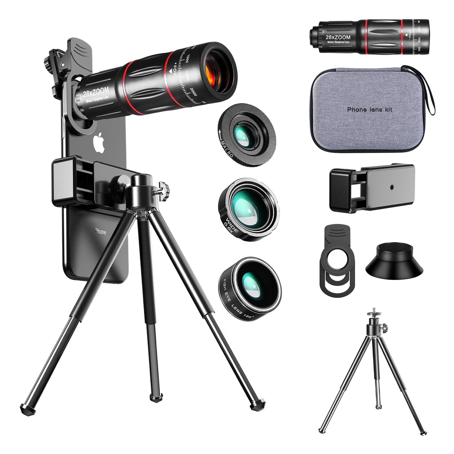 HYTAMY Cell Phone Camera Lens Kit Upgraded Version Telephoto 28X with Wide Angle 0.6X, Macro 20x, Fisheye 198°, Phone Lens Attachment Suitable
