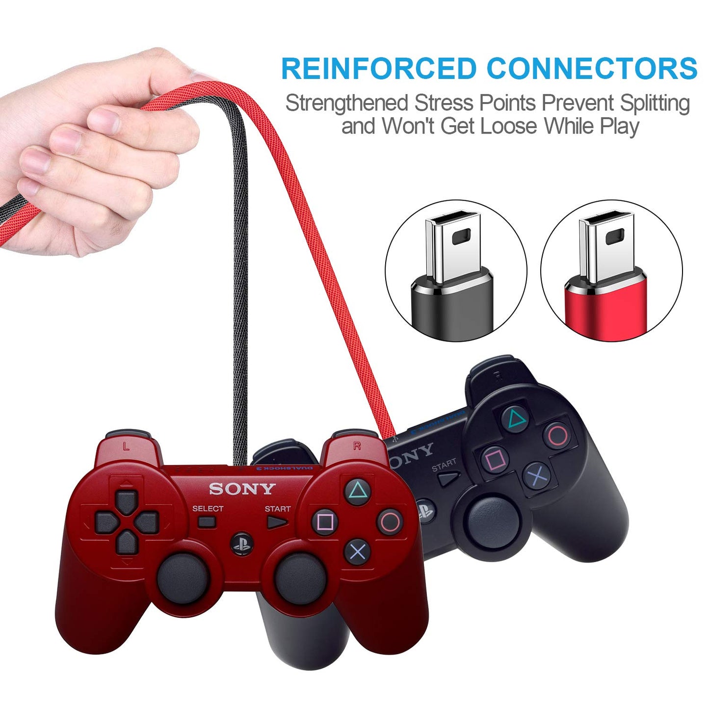 PS3 Controller Charger Charging Cable - 2 Pack 10FT Long Nylon Braided 5 Pin Mini USB Data Sync Cord for Playstation 3, Dualshock 3, PS Move, TI84