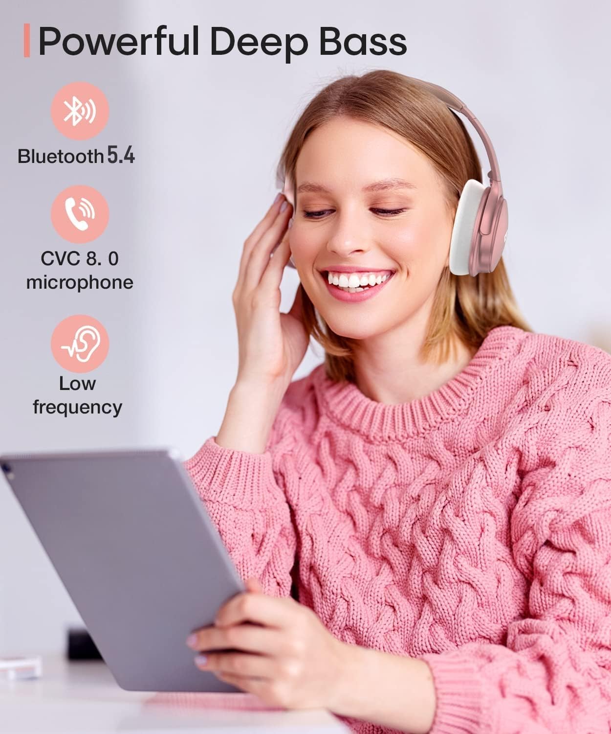INFURTURE Pink Headphones Over Ear Headphones Active Noise Cancelling Bluetooth Headphones, Deep Bass Headset, Low Latency, 90H Playtime, Foldable…