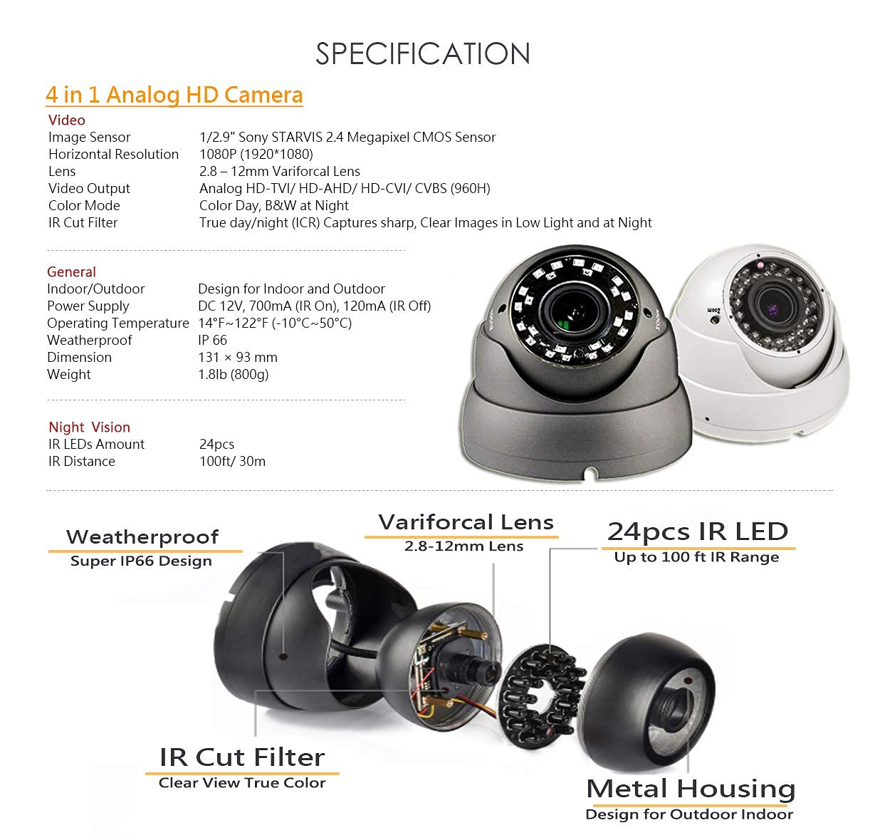 101AV 1080P True Full-HD Security Dome Camera 2.8-12mm Variable Focus Lens 2.4Megapixel STARVIS Image Sensor IR in/Outdoor OSD works w/ 1080P TVI