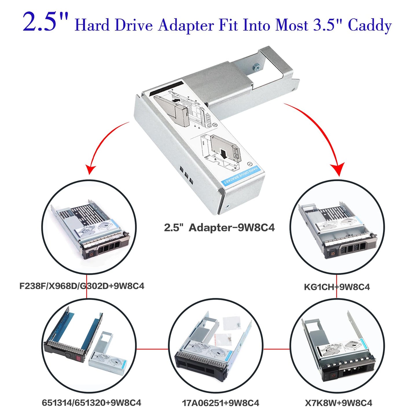 Pack-2 9W8C4 Y004G WWGPK SSD Adapter Bracket Compatible for 3.5" X7K8W KG1CH T440 R530 R540 R440 R740 R730 R430 SAS SATA Hard Drive Tray Caddy