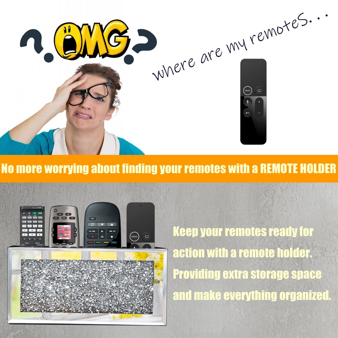 GOTHICO Mirrored Remote Holder, Wall Mounted Crush Diamond Bling Decoration Organizer Storage Box for Remote Phone Pad Wallet Notebook (8.3"×2.5"×4"