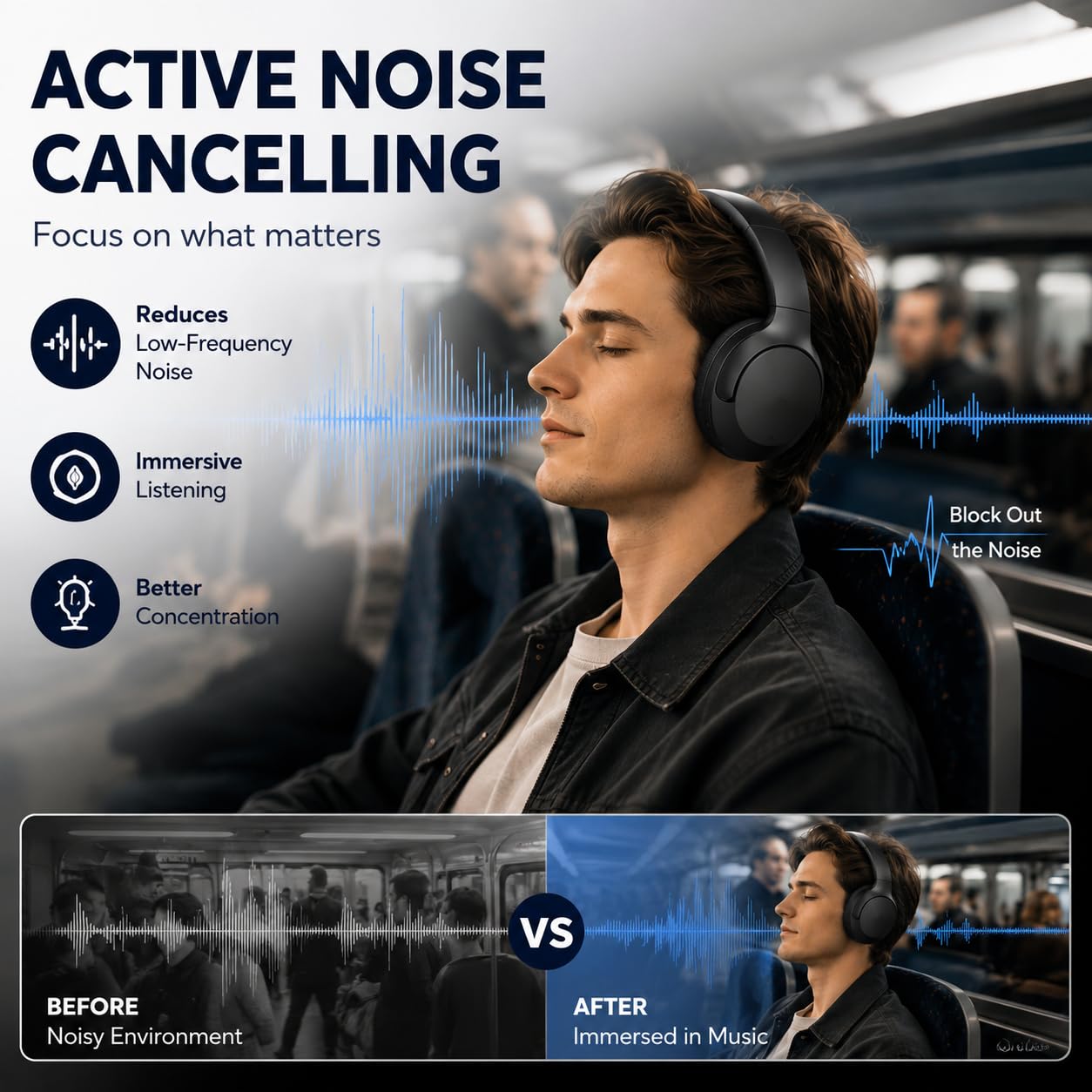 MZYML Active Noise Cancelling Headphones, Wireless Over Ear Bluetooth 5.4 Headphones with Microphone, 40H Playtime, Foldable Headset with HiFi Sound