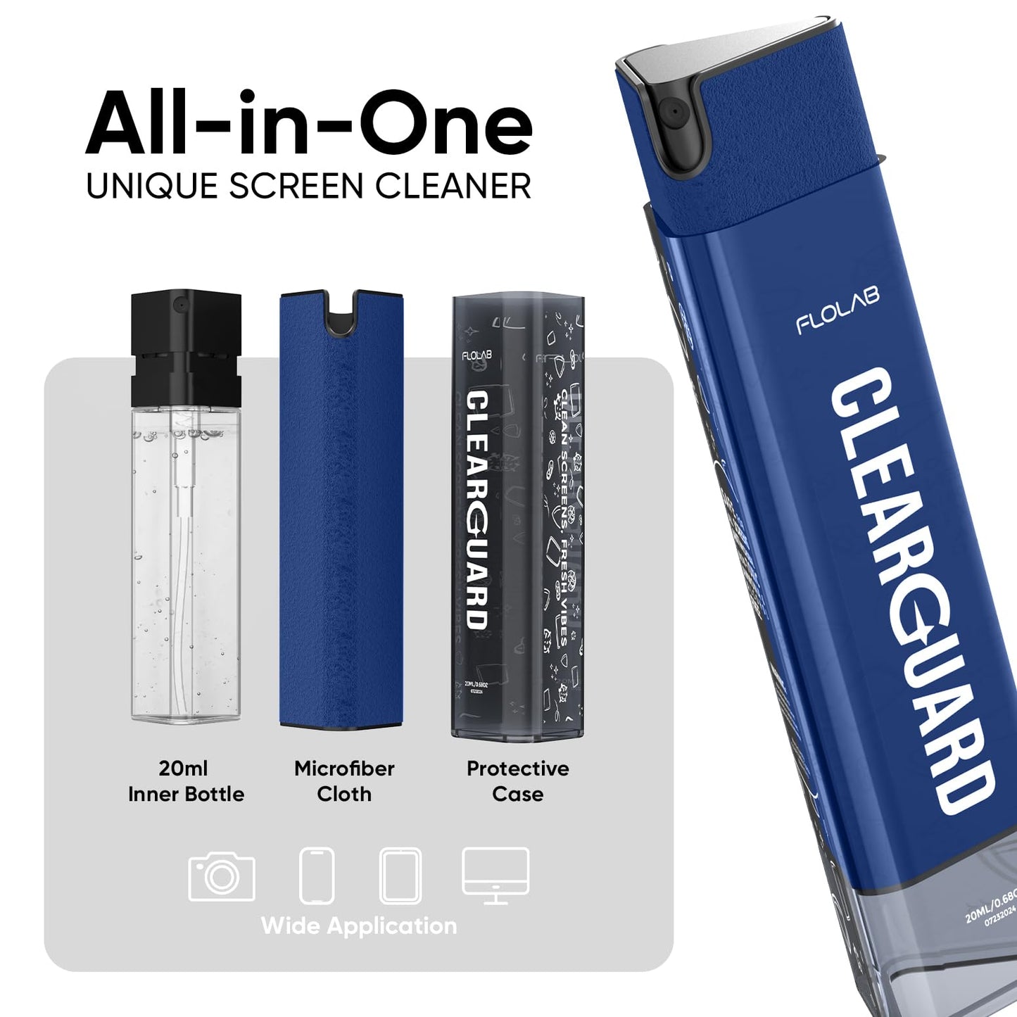FLOLAB Clear Guard Screen Cleaner for iPhone, Mobile Phone, Laptop, Tablet, Spray and Microfiber Cloth All in one, Easy to Clean, Portable - Sapphire