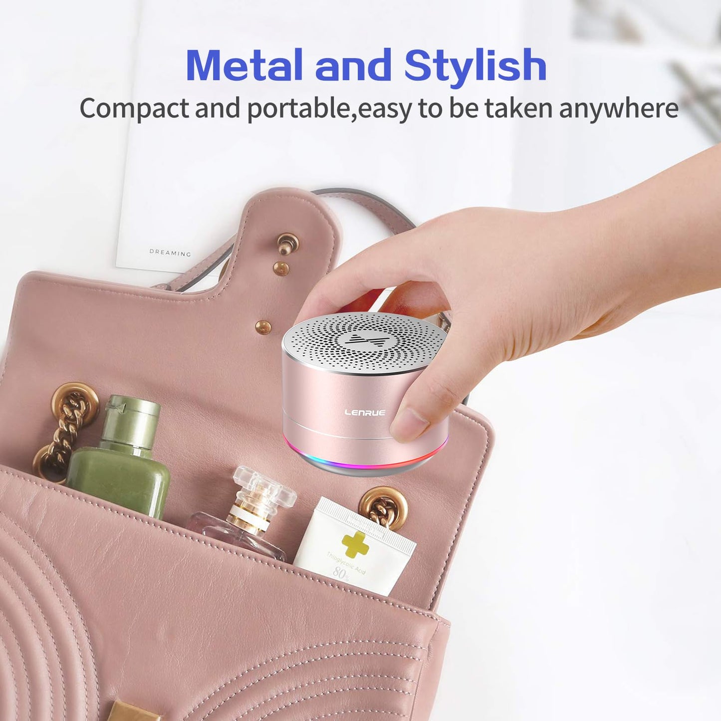 LENRUE A2 Portable Wireless Bluetooth Speaker with Lights and Lanyard,5W Mini Small Metal Speakers Bluetooth 5.0/Aux-in for iPhone Android Home