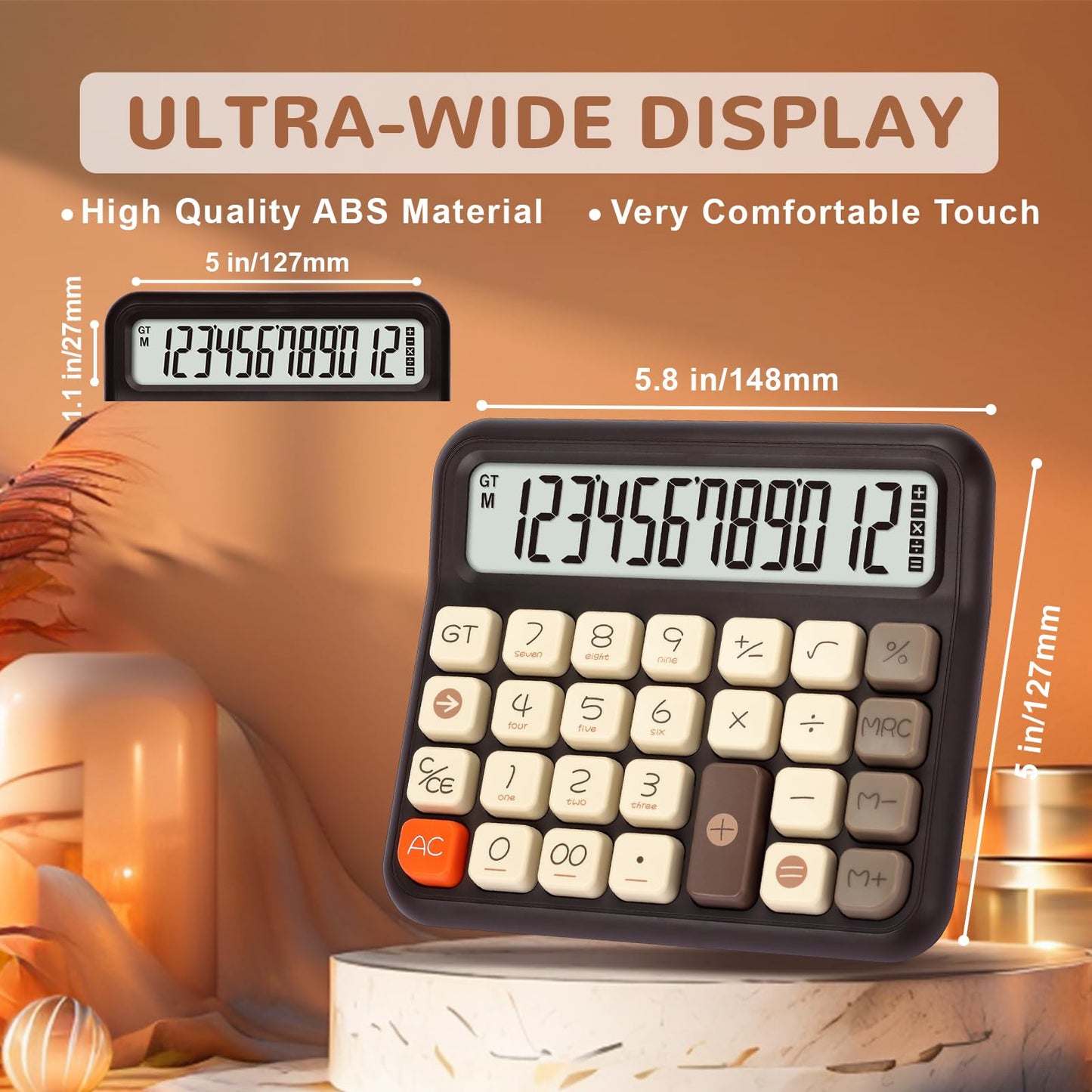Pendancy Cute Desk Calculator, 12-Digit LCD, Typewriter-Style Keys, Brown