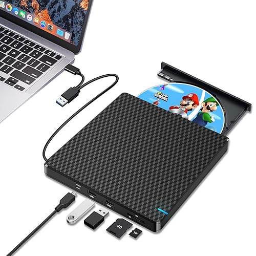 Guamar External CD DVD Drive: USB-C CD Burner Portable DVD Player Disc Reader for Laptop PC MacBook Mac Windows 11/10 with SD/TF Slot/2 USB Ports Plug