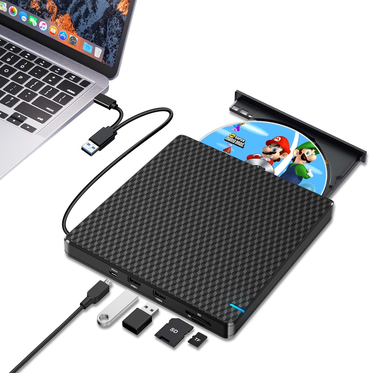 Guamar External CD DVD Drive: USB-C CD Burner Portable DVD Player Disc Reader for Laptop PC MacBook Mac Windows 11/10 with SD/TF Slot/2 USB Ports Plug